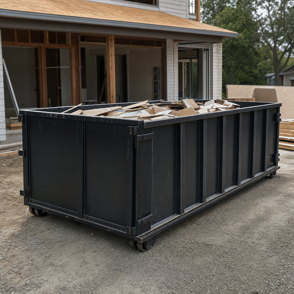 Large matte-black 30-yard construction roll-off dumpster at an active South Bend jobsite, steel-gray top rails and bottom rollers visible, loaded with construction debris.