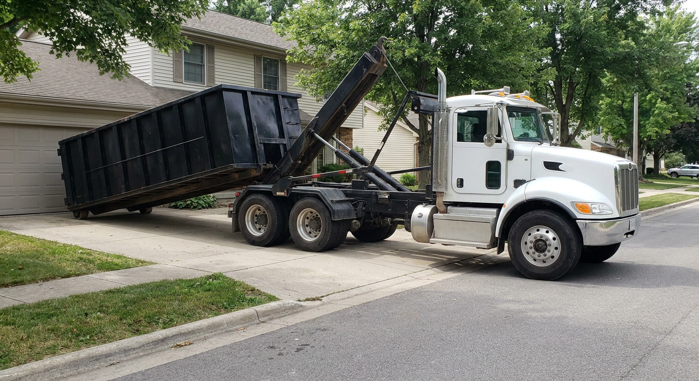 White-cab hooklift roll-off truck actively lowering a matte-black dumpster onto a South Bend residential concrete driveway, the dumpster's rear wheels touching the driveway as the hoist arm tilts the bed forward, mid-morning daylight.