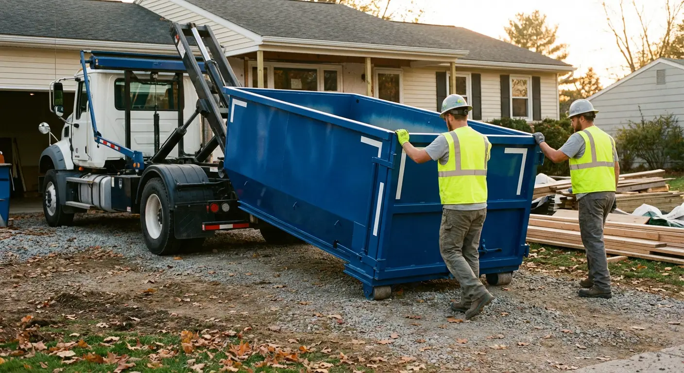 Construction dumpster delivery truck in action in South Bend, IN