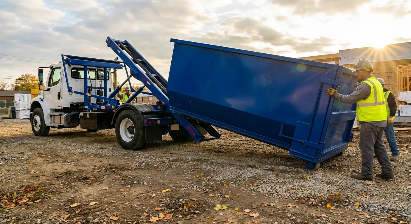 Construction dumpster delivery truck at job site in South Bend, IN