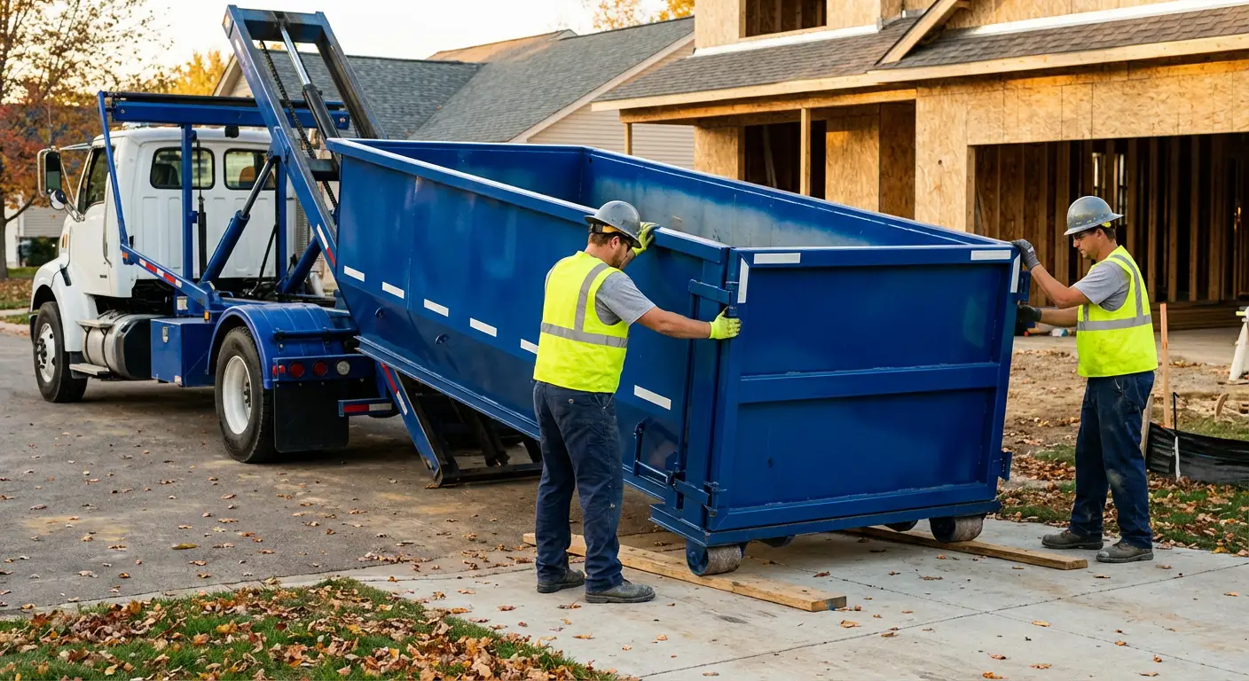 Roll-off dumpster delivery truck in residential area in South Bend, IN