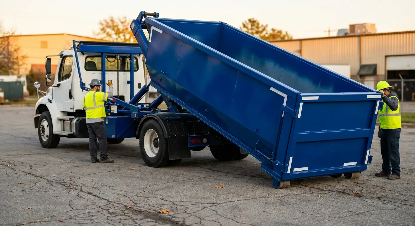 Roll-off dumpster rental truck protecting driveway surfaces in South Bend, IN